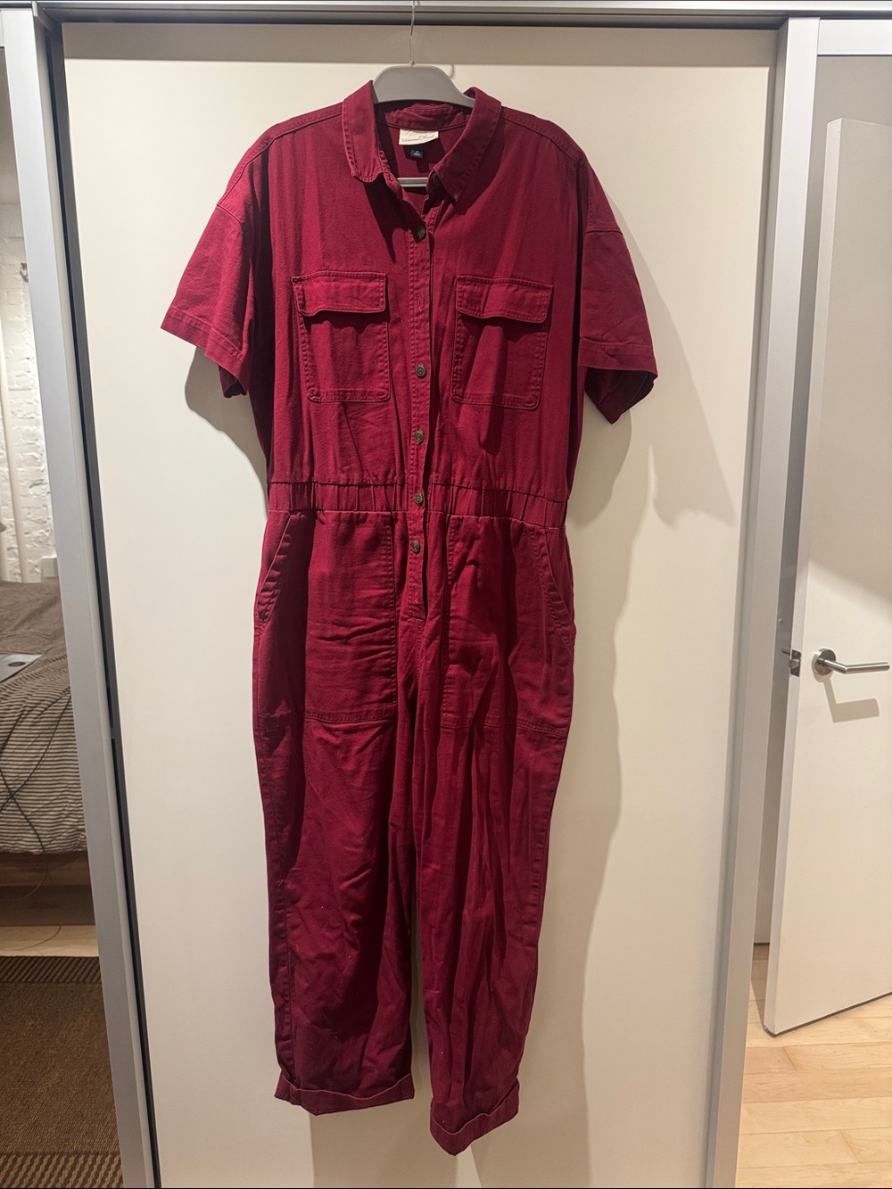 Women's Short-Sleeve Button-Front Jumpsuit in Burgundy